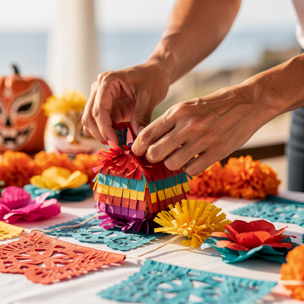 Vibrant fiesta decorations by Alexa's Dulces Fiestas in Santa Barbara, featuring colorful papel picado, piñatas, and festive table setups for event planning.